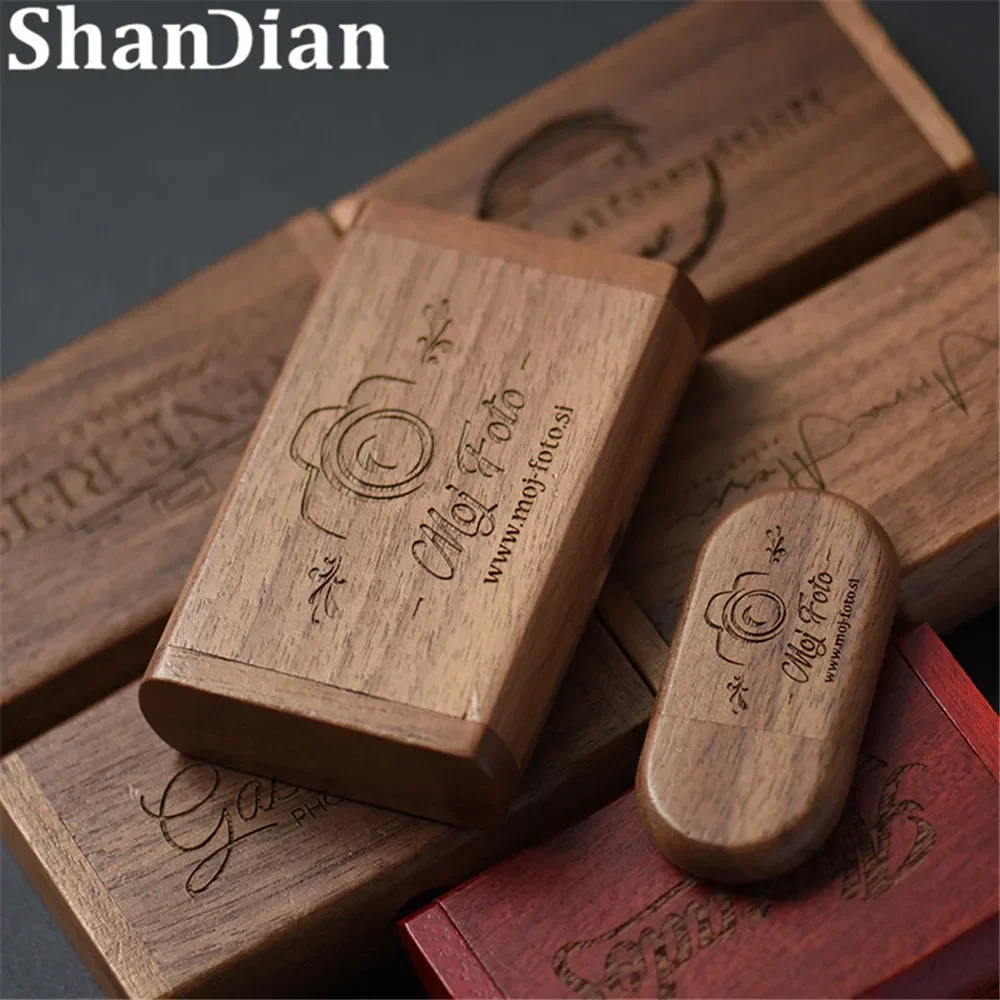SHANDIAN 프리 커스텀 로고 나무 USB + 박스 펜 드라이브, USB 메모리, 웨딩 사진 선물, 4GB, 16GB, 32GB, 64GB, 128GB