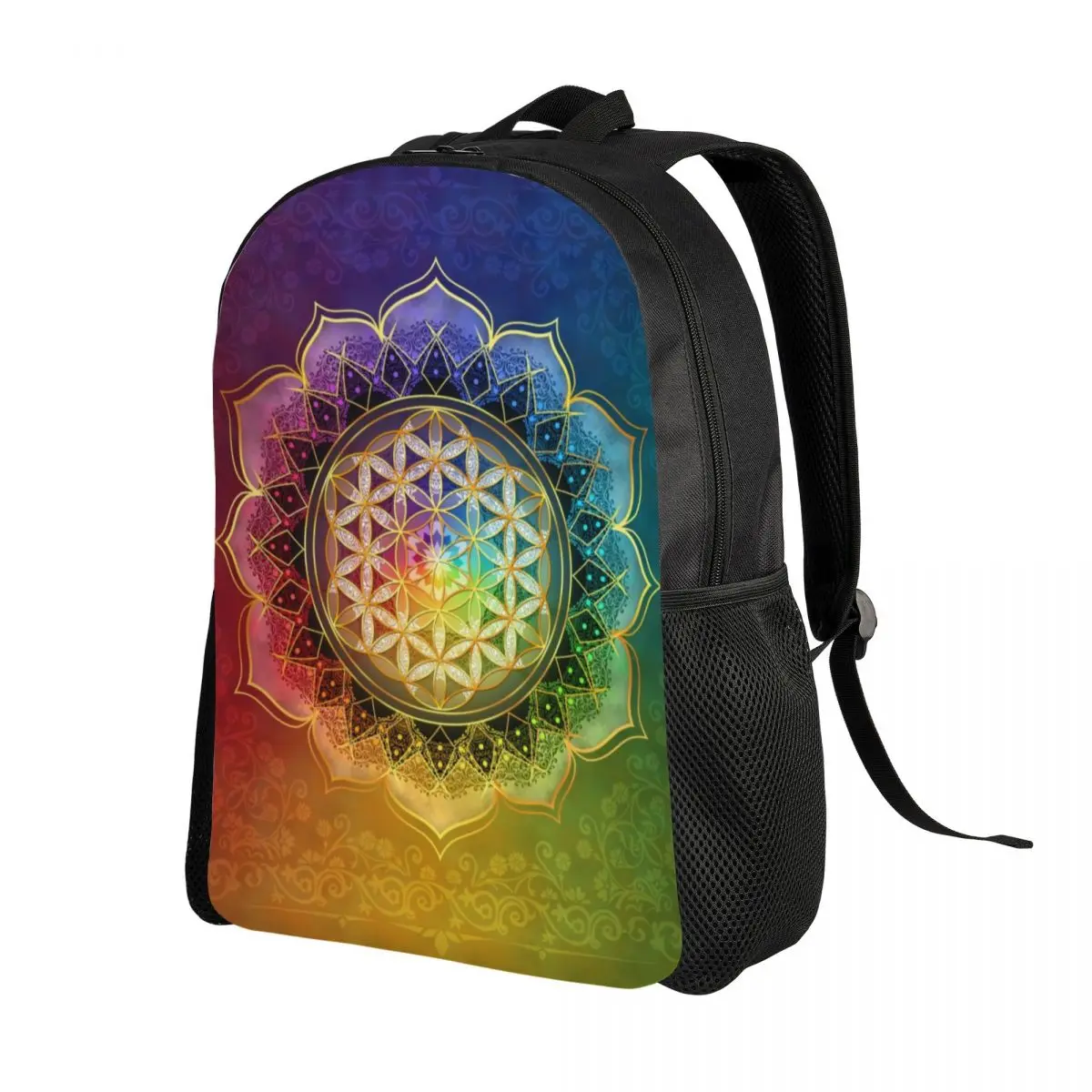 Rainbow Flower Of Life With Lotus Laptop Backpack Men Women Basic Bookbag for School College Student Sacred Geometry Bag