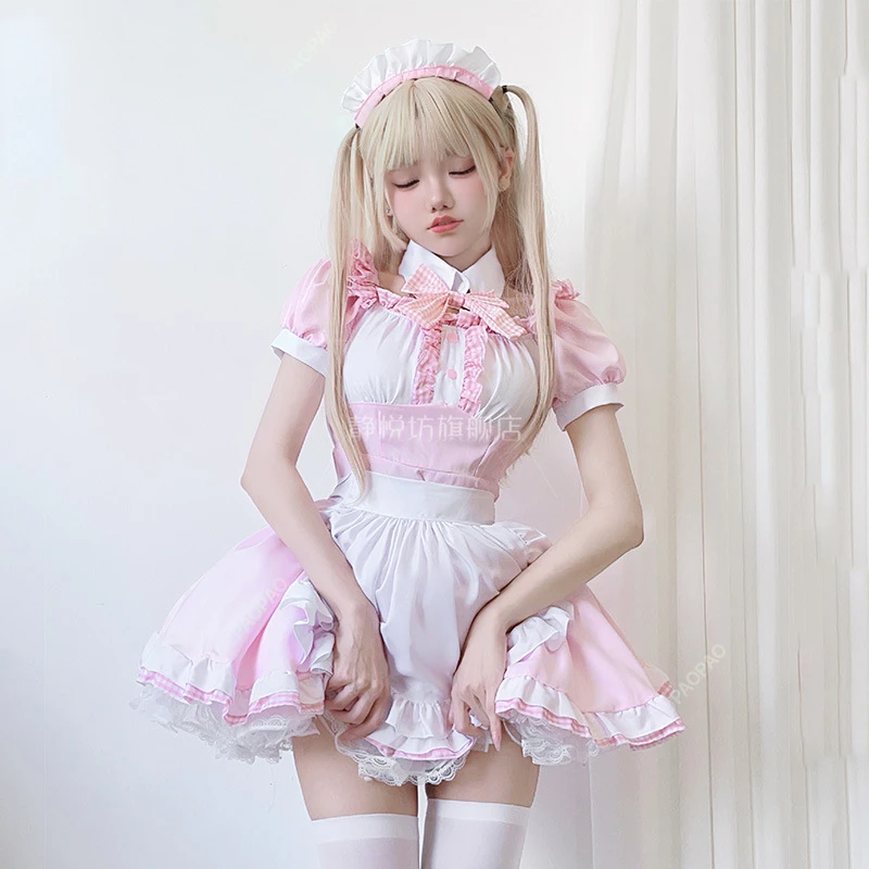 Costumi scozzesi da cameriera adorabili giapponesi Soft Girl Halloween Gothic cameriera Sweet Pink Dress Cute Bow grembiule Maid Role Play Costumes