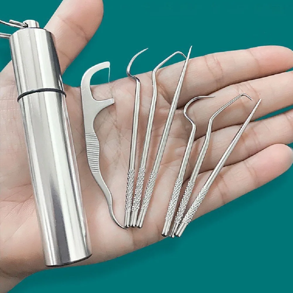 

Stainless Steel Toothpick Dental Floss Set Reusable Tooth Flossing Toothpicks Teeth Cleaner Portable Oral Cleaning Tool Set