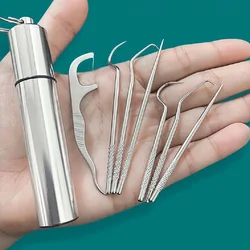 Stainless Steel Toothpick Dental Floss Set Reusable Tooth Flossing Toothpicks Teeth Cleaner Portable Oral Cleaning Tool Set