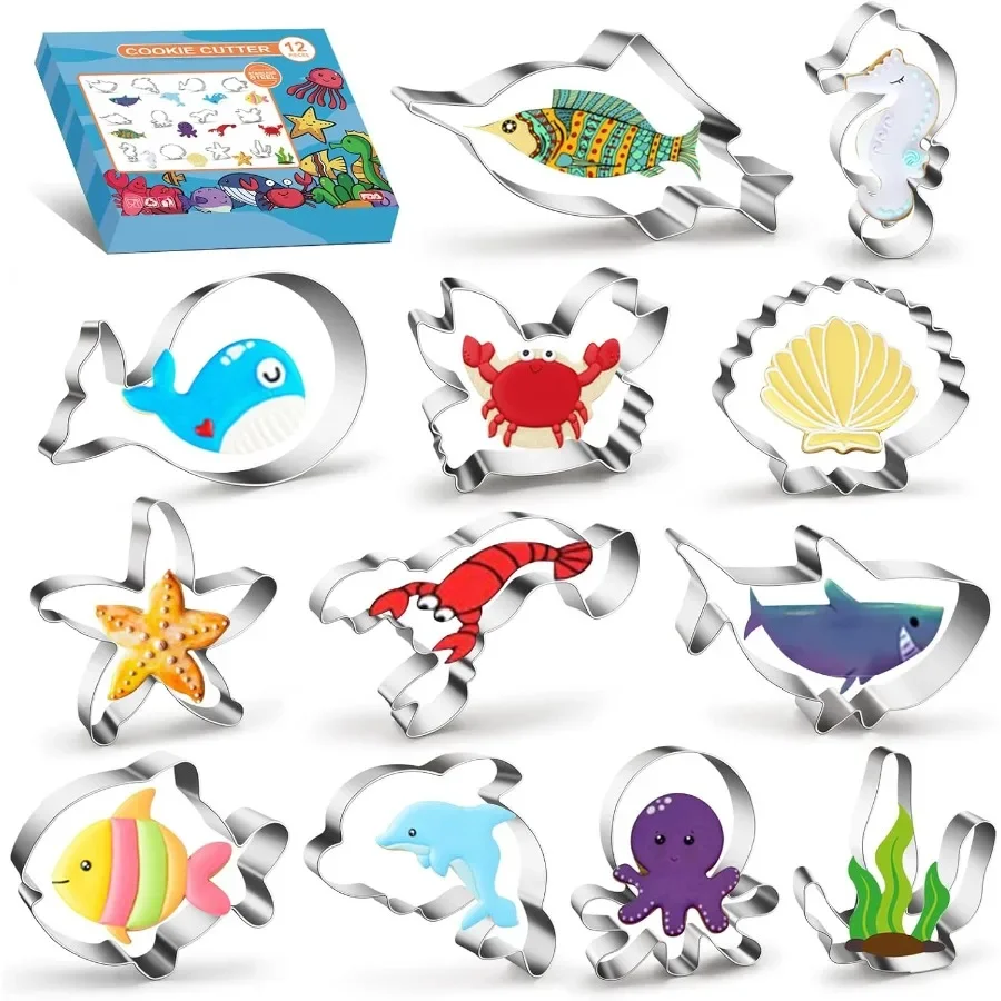 

12PCS Ocean Creatures Cookie Cutters Set Stainless Steel Marine Species Shapes Baking Mold for Baking Metal Cookie Sandwich Bis