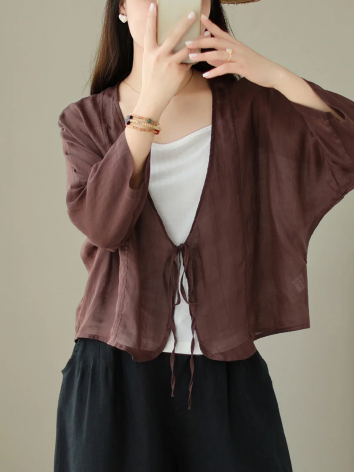 سترة نسائية طويلة للحماية من الشمس من مزيج القطن والكتان مفتوحة من الأمام irt V Ne Retro Sle Commute Faion