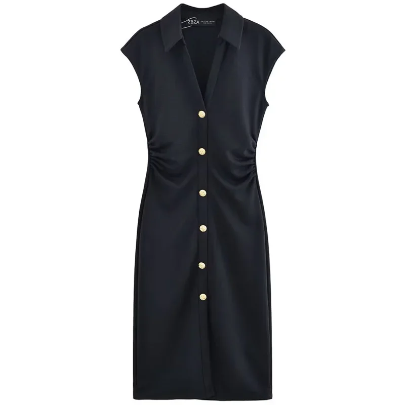 2025 ฤดูใบไม้ผลิฤดูร้อนใหม่ Midi Ruffled ชุดผู้หญิงชุดปุ่ม Slim ยาว Vestido Chic Elegant Casual หญิงชุด