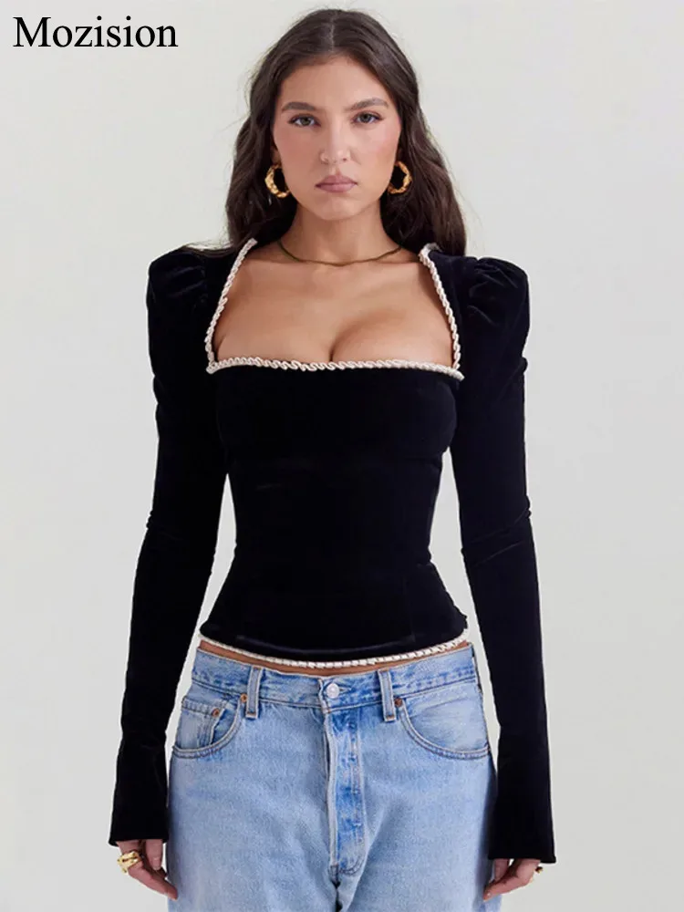 Mozision Square Collar Backless Bandage Sexy T-shirt Women Autumn Winter New Black Shoulder Pad Sleeve Skinny Sexy Party Tops