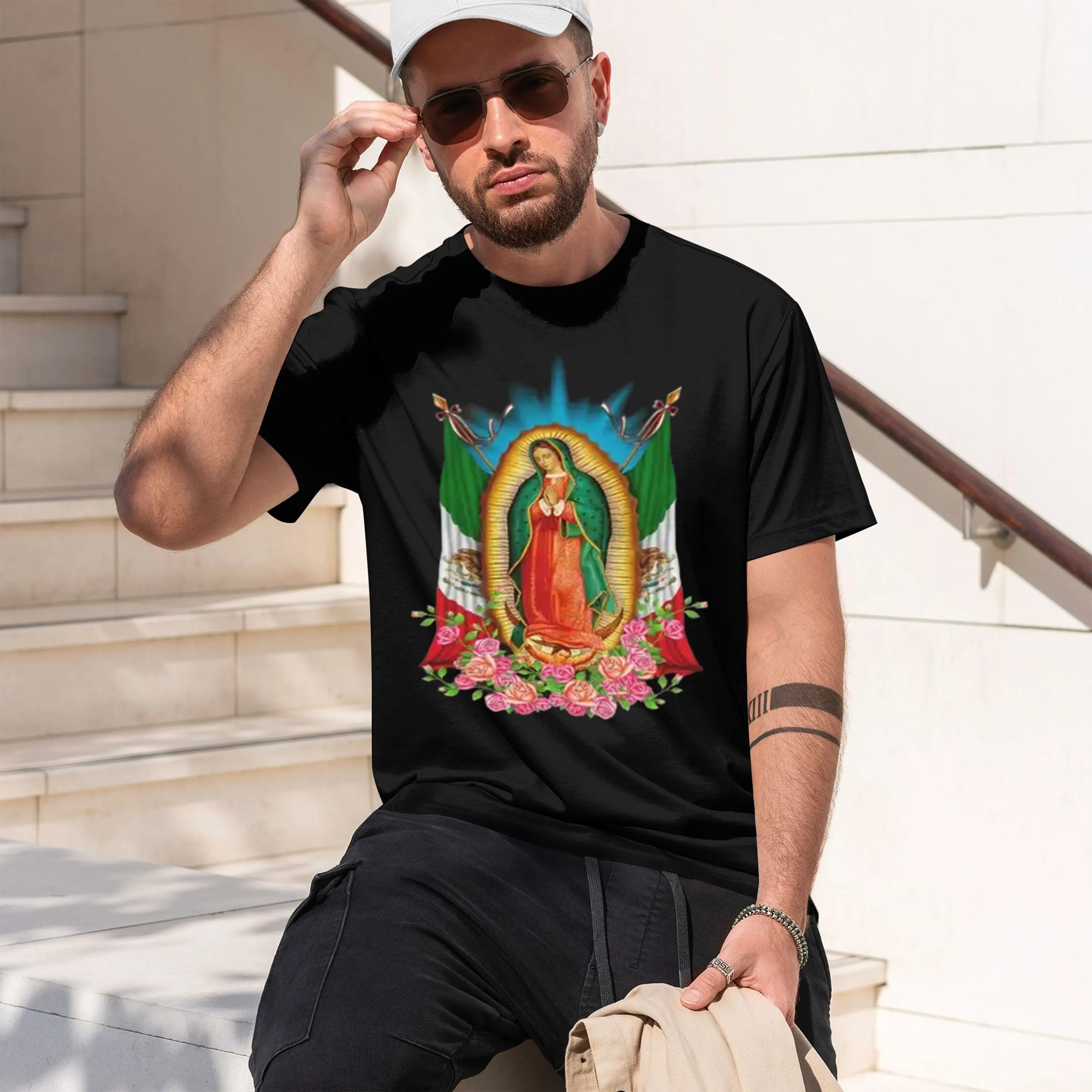 Our Lady of Gdalupe with Mexan Flag Virgin Mexo National FlagHoly Mary Surrounded by Womens clothing crew neck tee 2026 New Mode