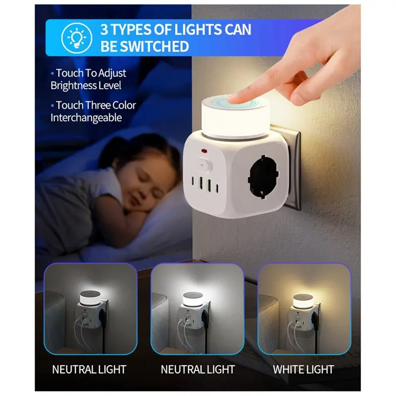 FULL-EU Plug Power Strip Wall Socket With 3 AC Outlets 2 USB Ports 2 Type-C Fast Slots Separate Switch LED Night Light