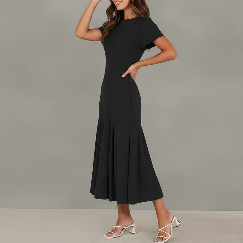 Women Summer Dress Elegant Solid Color Pleated Long Dress Dresses