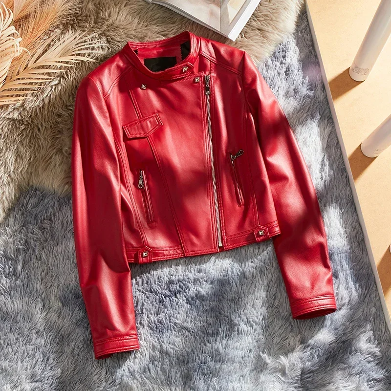 Tajiyane Echtes Leder Jacken für Frauen Schlank Biker Jacke Echt Schaffell Mantel Mode Rot Leder Mäntel Veste Cuir Femme SGG