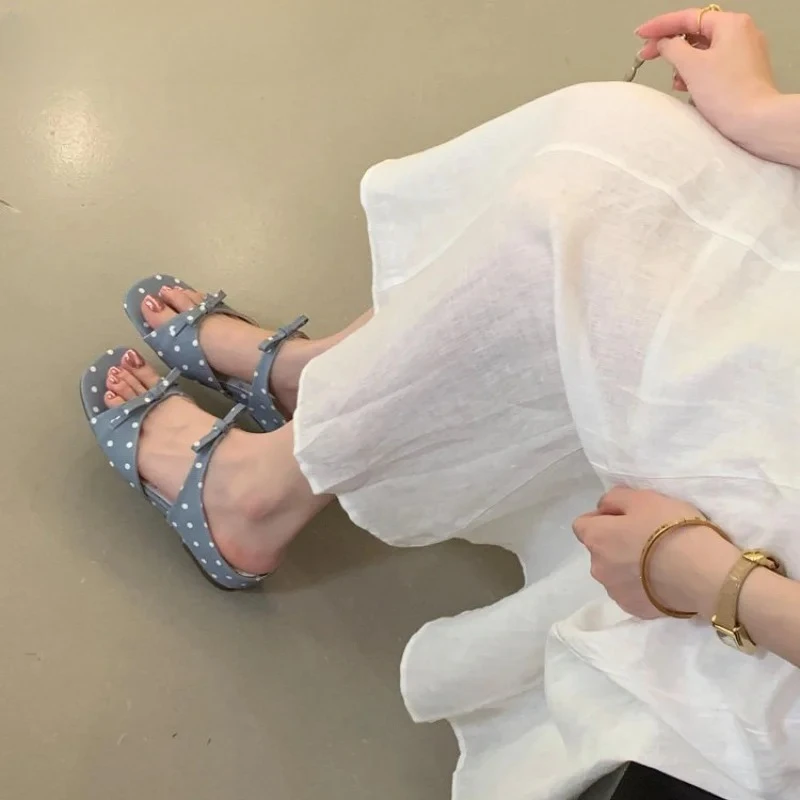 New Summer Butterfly-knot Polka Dot Women Slippers Elegant Open Toe Mid Heel Shoes Ladies Outdoor Daily Wear Dress Slides - view 5