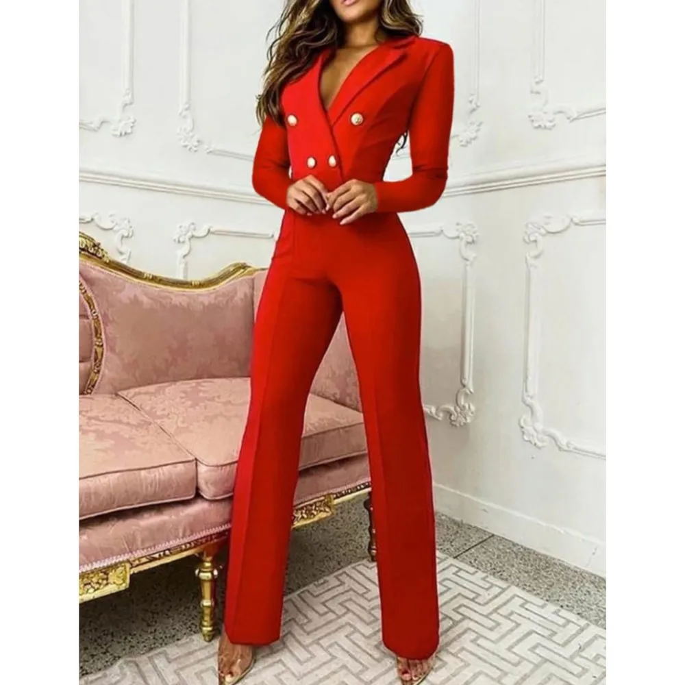 New Solid Color Suit Collar Long Sleeve Women\'s Jumpsuit Autumn Winter Fashion Buttons Simple Slim Office Female Jumpsuit Pants