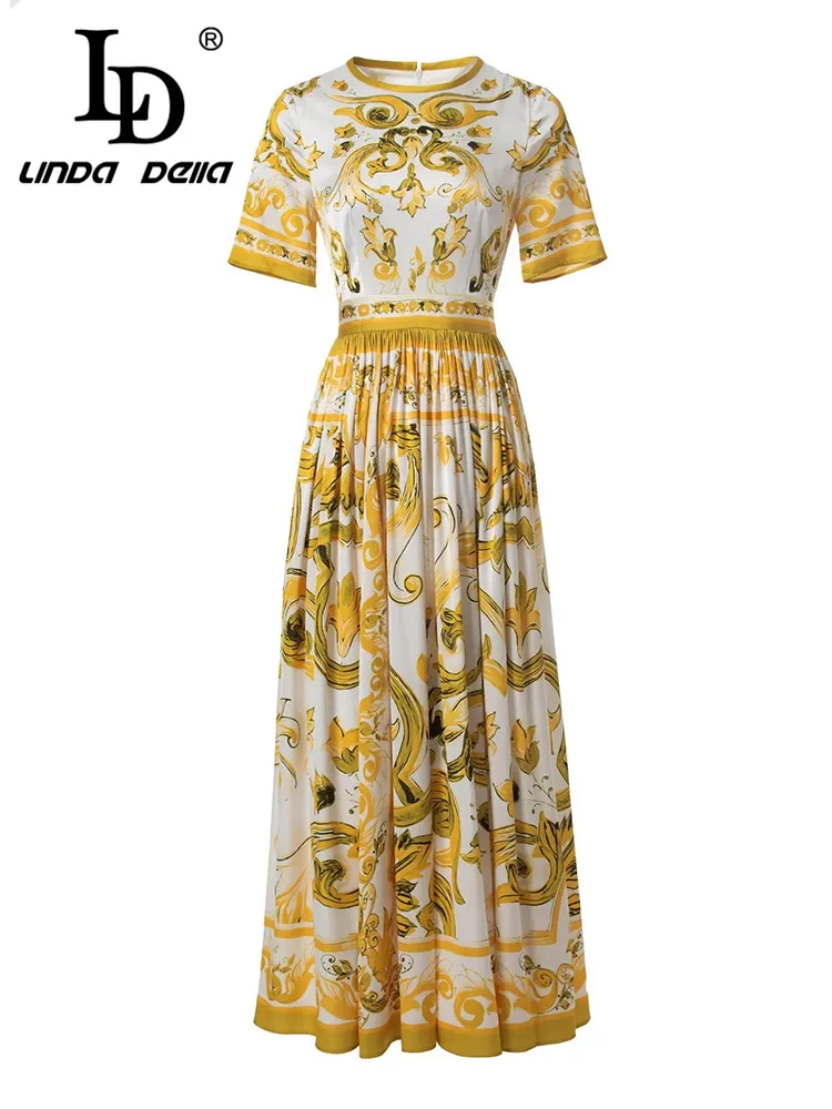 LD LINDA DELLA 2024 New Style Runway Designer Dress Women\'s Temperament Vintage Print Ruched Flutter Elegant Medium Length Dress