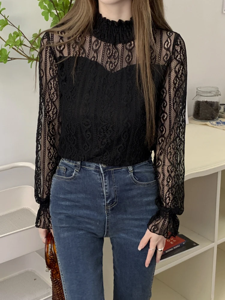 

Black Lace Blouses Women Autumn Long Sleeve Half High Collar Shirts Female Korean Fashion Sexy See Through Crochet Mesh Blouse