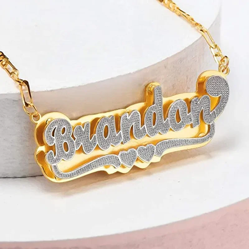 

Customized Double Love Stainless Steel Two Color Nameplate Customized 3D Figaro Chain Banquet Anniversary Gift Jewelry Necklace