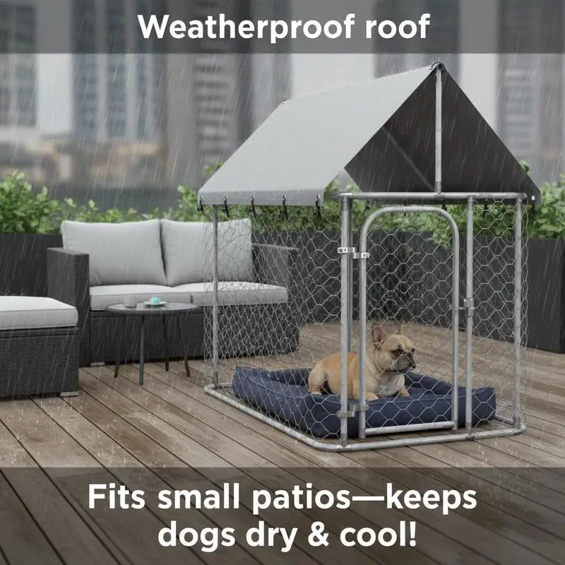 Caseta exterior con techo para perros de tamaño mediano a grande – construcción robusta de acero galvanizado con malla metálica
