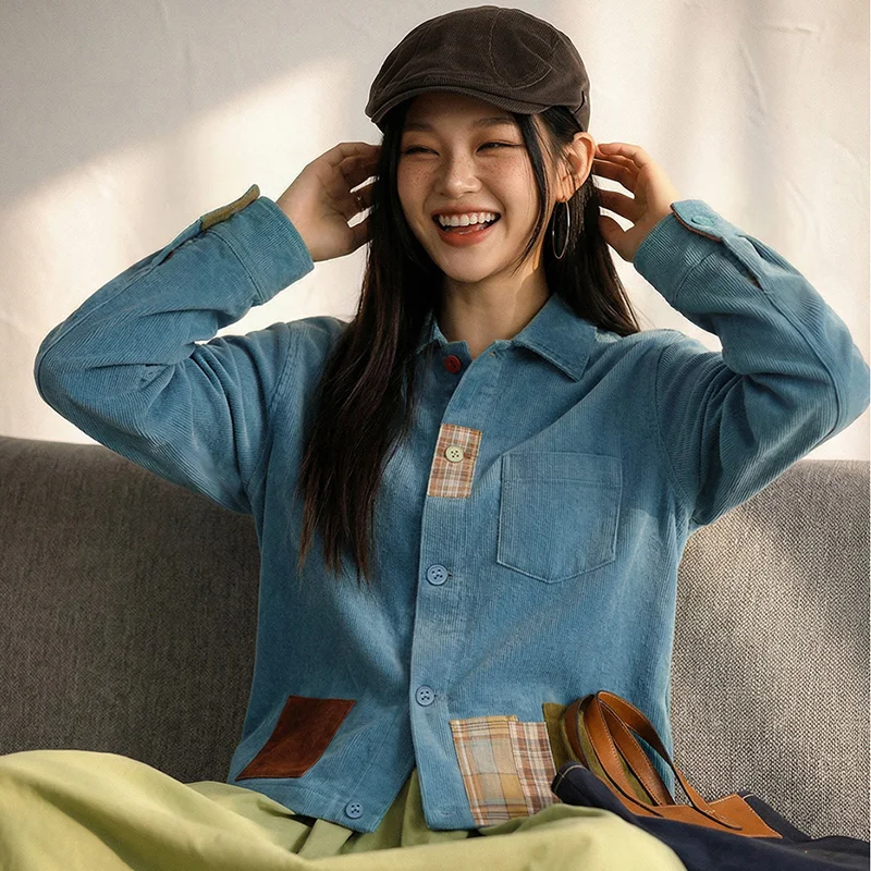 Maden Women's Shirt Style Corduroy Jacket Contrast Panels Plaid Details Relaxed Fit Lake Blue Casual Spring Autumn Outerwear