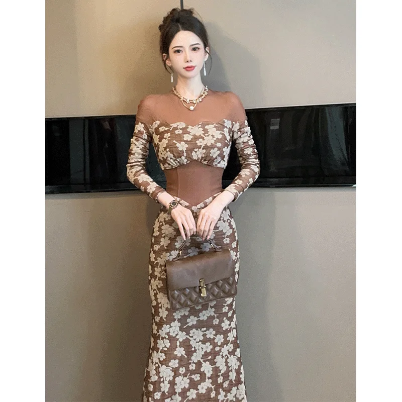 

Платье с принтом, осенне-зимнее женское облегающее платье во французском стиле ретро, облегающая бедра, длинная юбка «рыбий хвост»