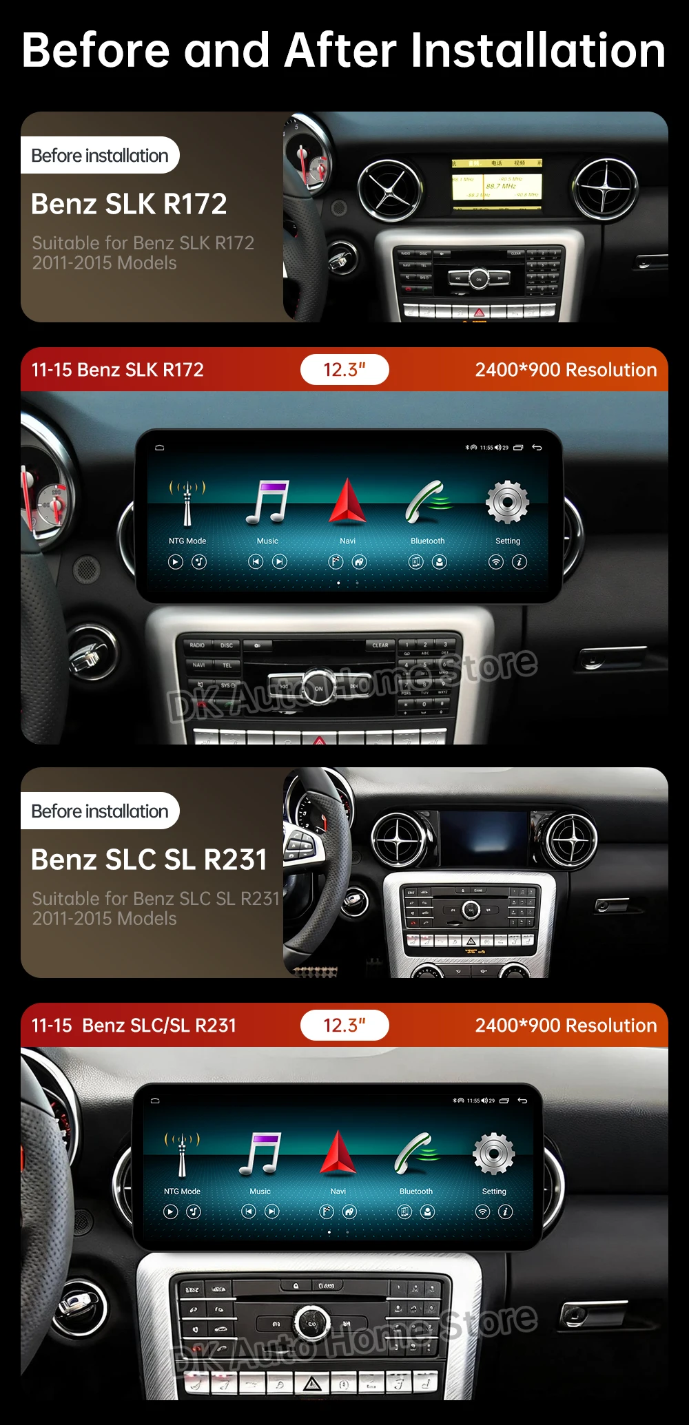 For Benz SLK R172 SLC SL R231 2011 - 2015 Video Player GPS UI Display Android  Wireles Auto Carplay Multimedia BT 4G Wifi Radio