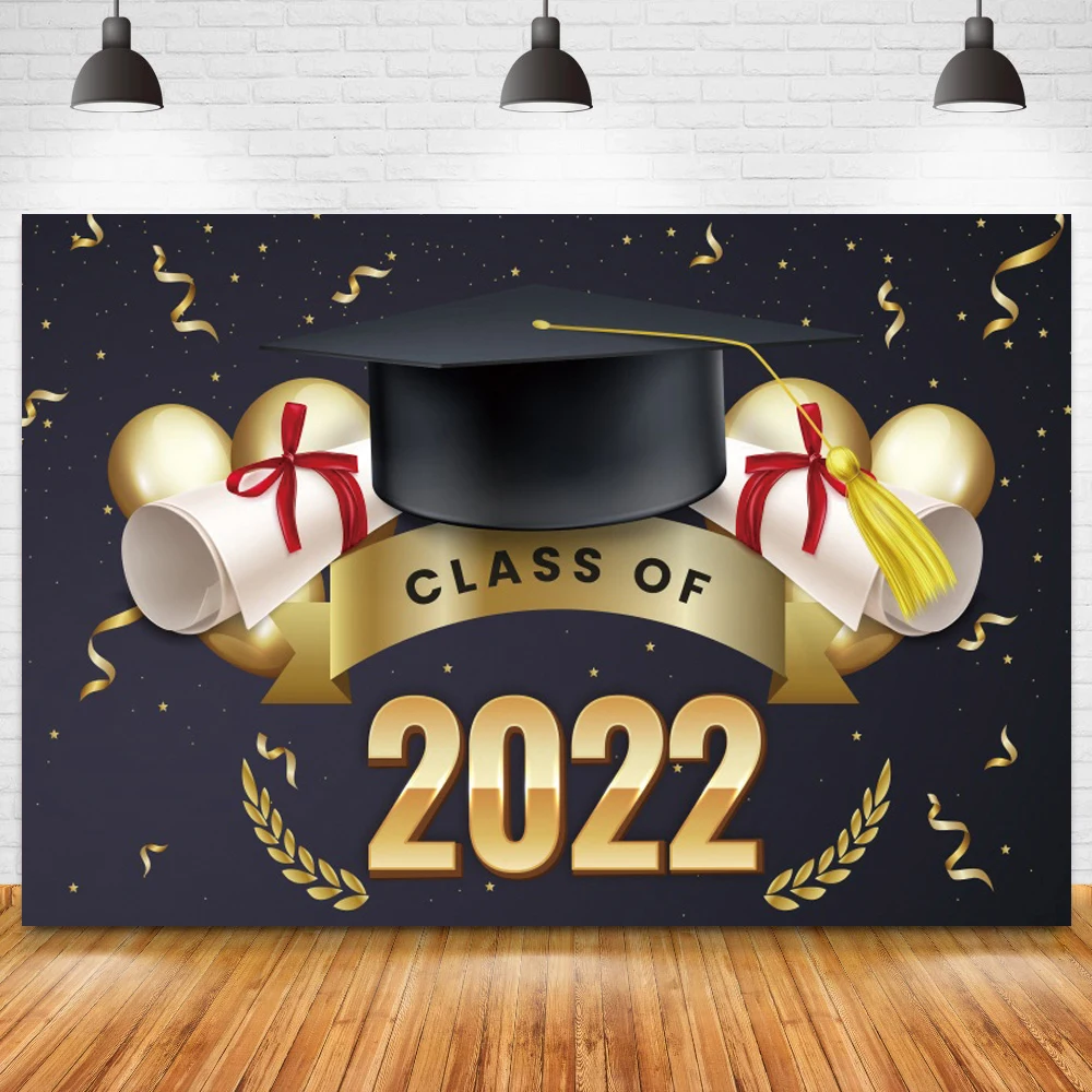 Happy Graduation Class Of 2022 Photo Background Black Bachelor Cap Diploma Children Class Celebration Party Backdrops