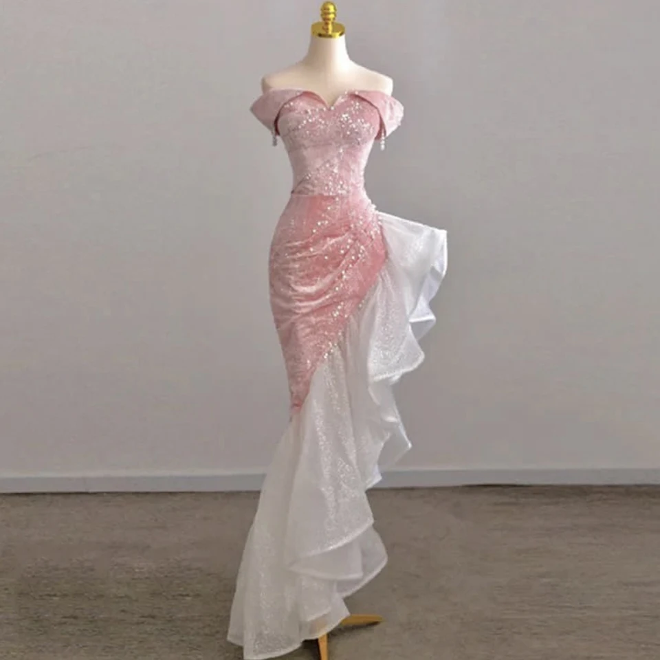 Exquisite Pink V-Neck Off The Shoulder Sequin  Beaded Evening Dress 2025  Mermaid Floor Length Asymmetrical Party Prom Dress