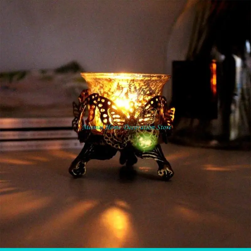 H7BF Romantics Hollow Carved Iron Base with Glass Tealight Stand Antique Candlestick for Vintage Interior Styling