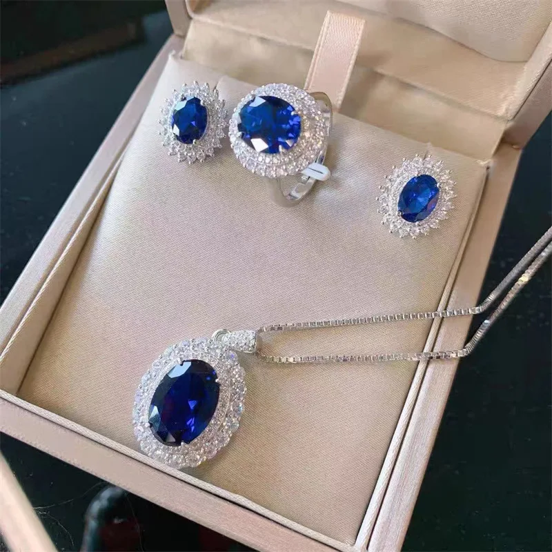 Pure Silver Fashion sapphire Ring, Tanzanite European and American Necklace, Light Luxury Earrings, Women's Three Piece Set