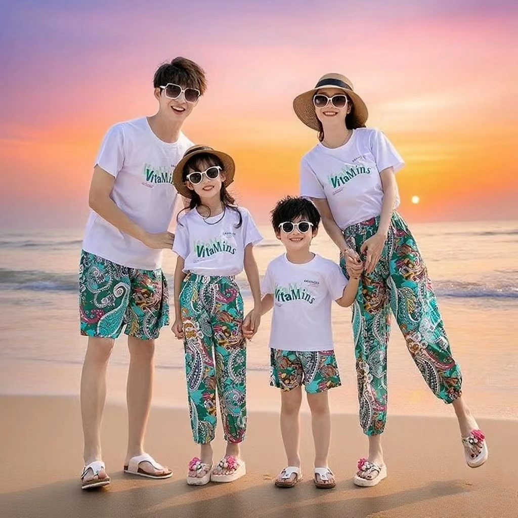 

Parent-child Vacation Couple Look Outfit Family Beach Clothes Dad Son Tops Shorts Set Mom Daughter T Shirts Pants Two Piece Suit