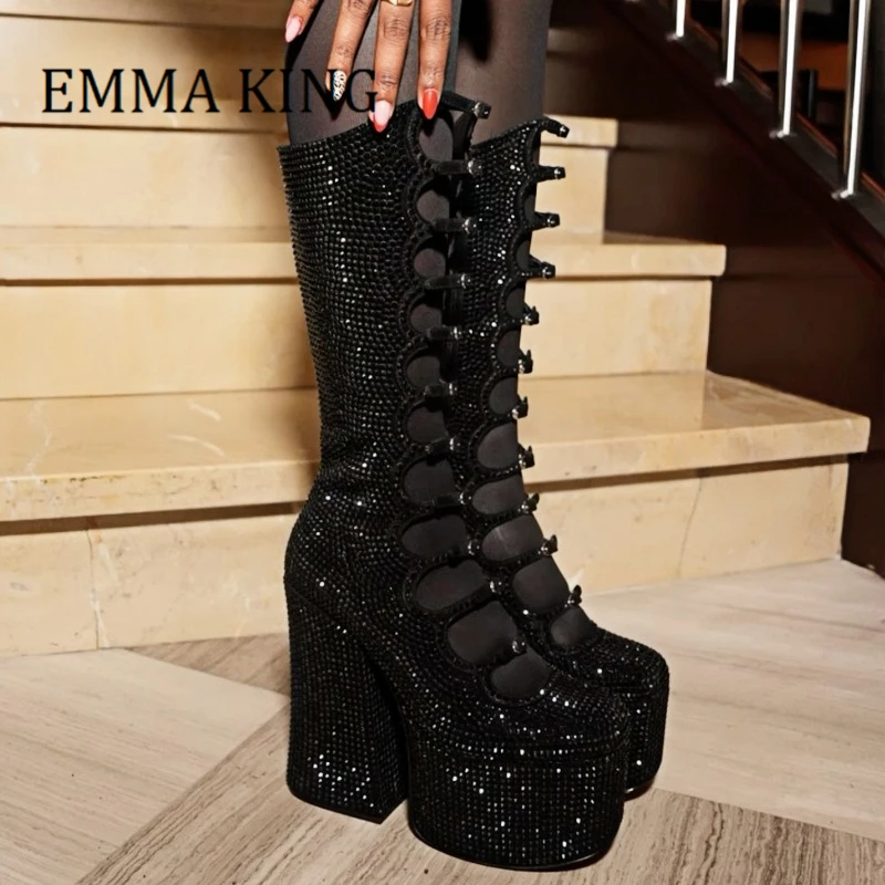 

Women Platform Strappy Boot Chunky Heel Stylish Buckle Straps Knee High Boot Metal Button Fashion Hollow Out Crystal Decor Boots