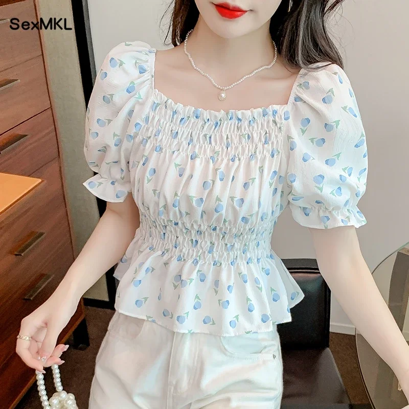 Casual Summer Blouses Women 2024 Fashion Off Shoulder French Printed Blusa Feminina Slim Korean Style Puff Sleeve Tops Mujer XL