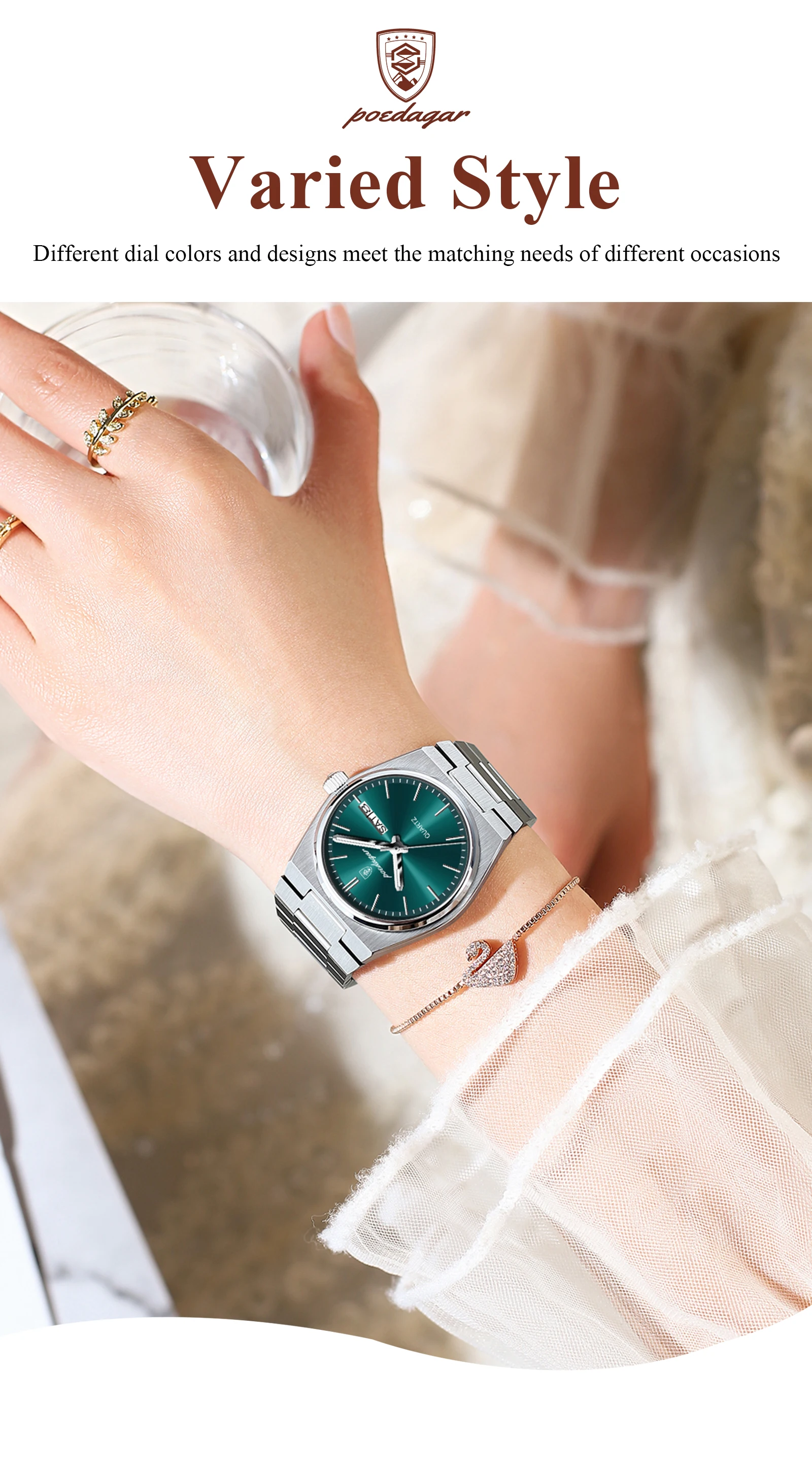 POEDAGAR Elegante Uhren Für Frauen Wasserdicht Leucht Datum Woche Damen Uhr Quarz Edelstahl Frau Mode Armbanduhr – Detail 6