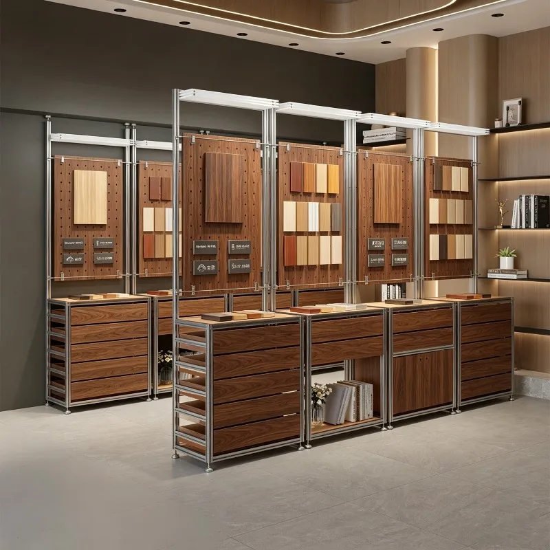 ZS-3 Display Stand Aluminum Profile Floor Sample Display Light Box Cabinet Jinsi Walnut Commercial Exhibition Container
