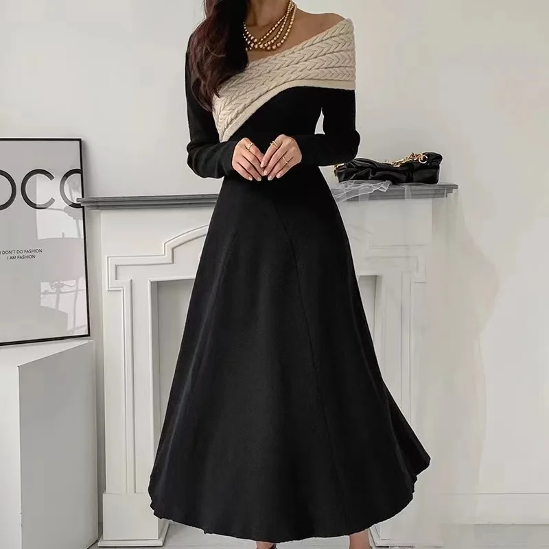 Chic Fashion Design Autumn Spring Knitting Midi Dress Elegant Women V Neck Black Patchwork Long Sleeve Slim Waist Sweater Dress