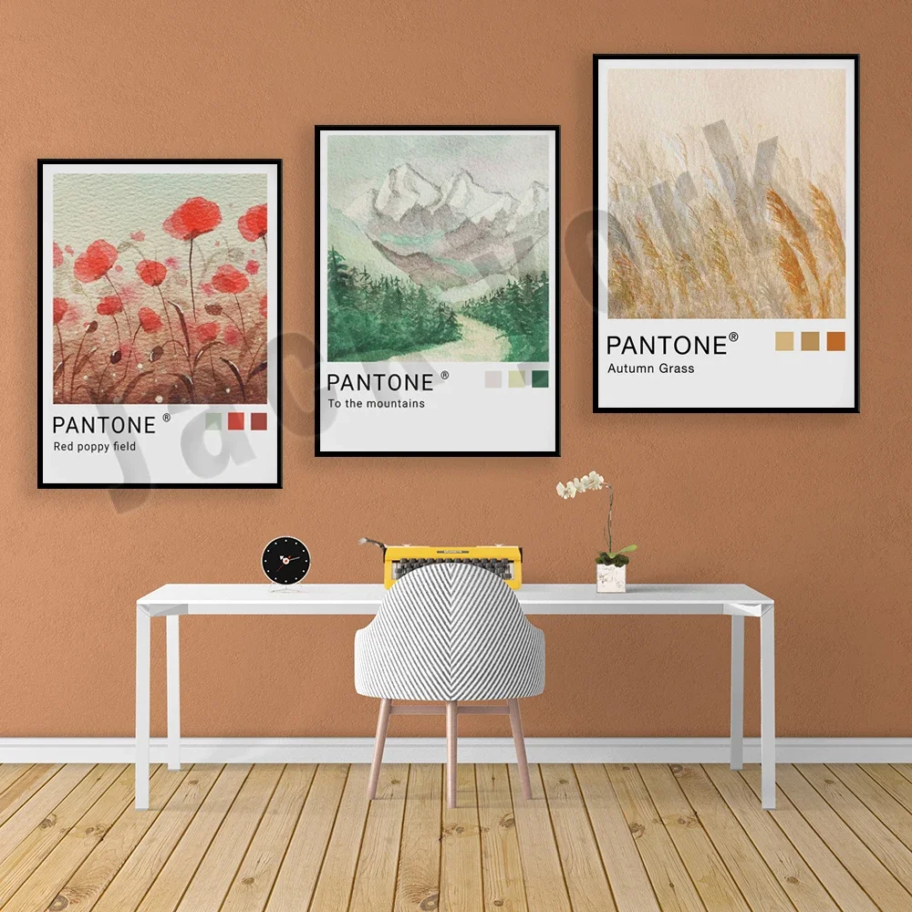 Pine fog forest, ocean, mountain road, red poppy field art, autumn pantone aesthetic poster, pantone nature poster watercolor