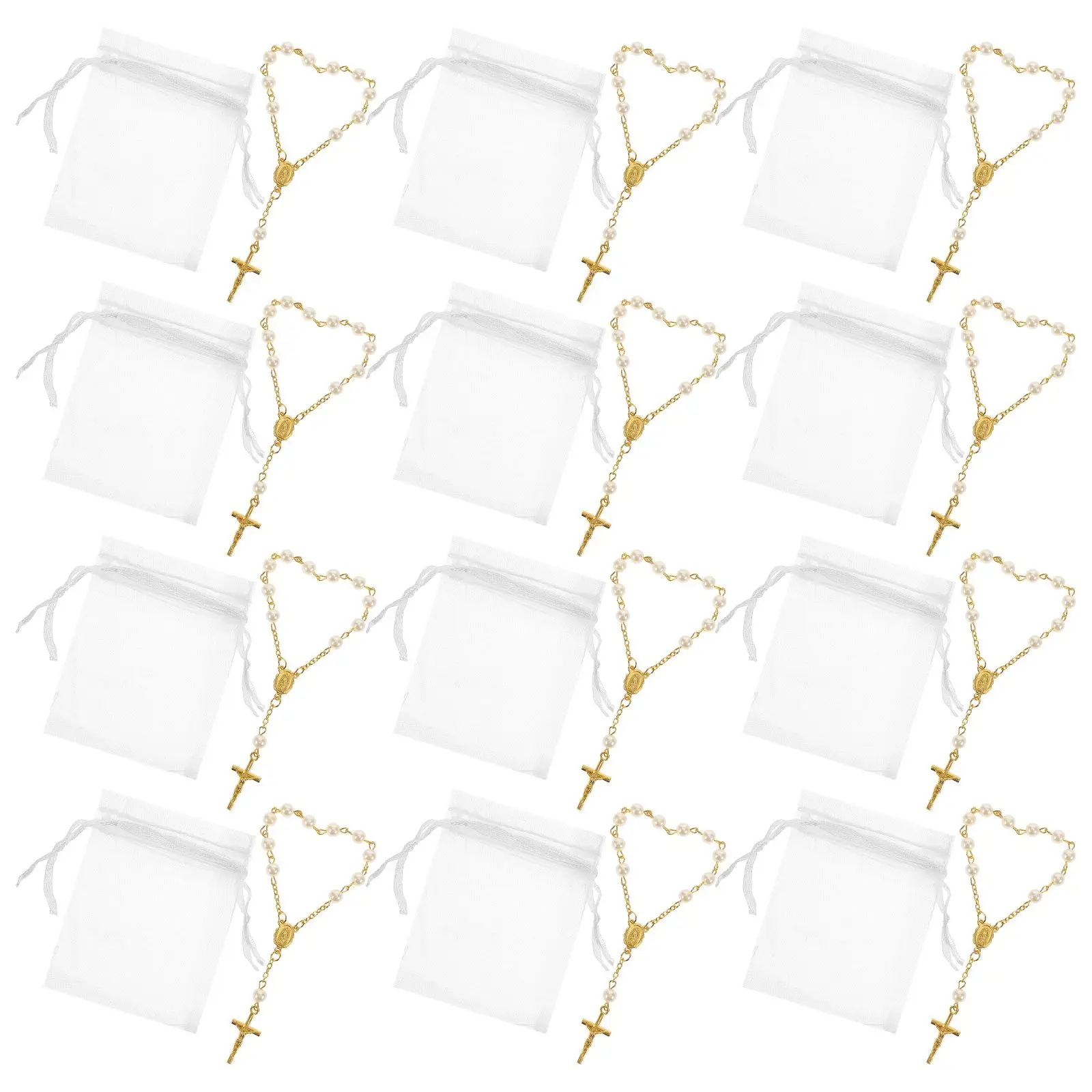 

Baptism Rosary Bracelet 12 Sets Cross Beads Wristbands Catholic Women Decorative Pearl Bracelets Mini Favors Party Gifts