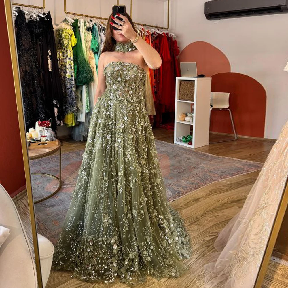 Customized Romantic Floral Lace Evening Dress with Scarf Strapless A Line Prom Dresses for Graduation Party Green Vestidos