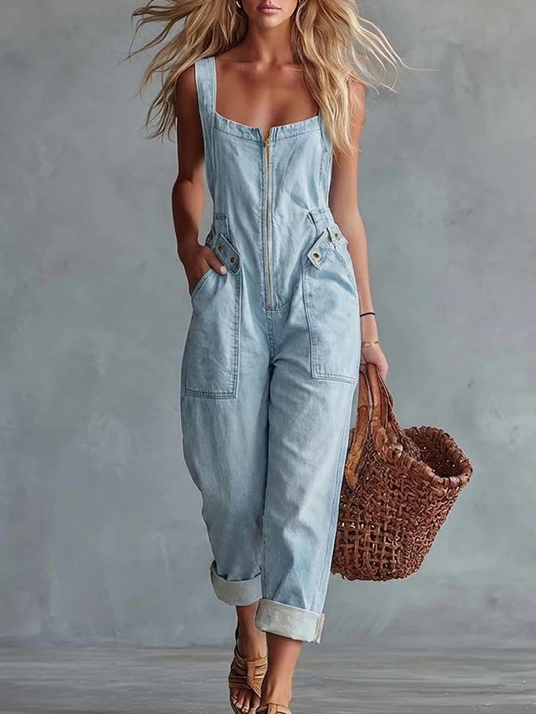 Ärmelloser Knopf-Patchwork-Jumpsuit, Damen Sommer Einfarbiger Urlaubs-Playsuit, 2026 V-Ausschnitt Weites Bein Hosen Damen Overall