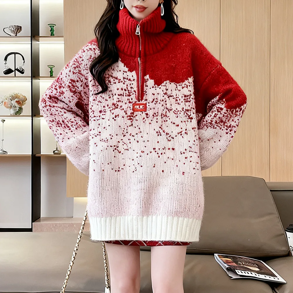 Mid-Length Women's Sweater Autumn Winter 2025 New High Neck Pullover Thick Knitted Top Korean Style Lazy Chic