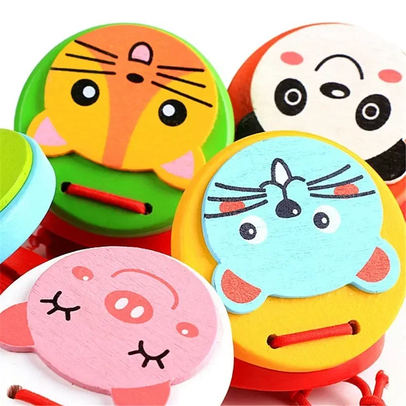 Kids Cartoon Wooden  Drum Handle Board for Baby Musical Instrument Preschool Early Educational Toys  Baby Toys