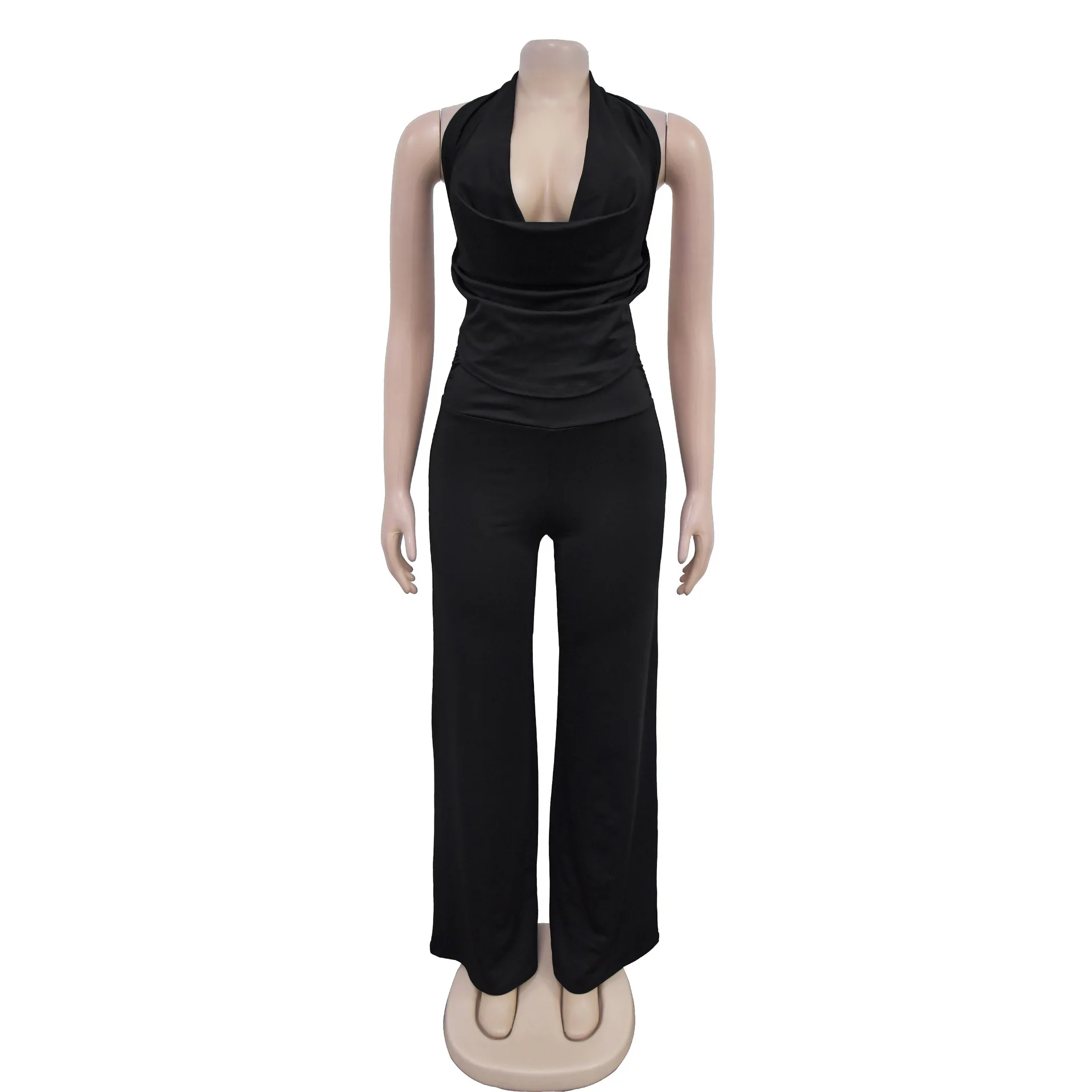 EINY Sexy Two Pieces Pant Sets Halter Deep V-Neck Backless Jumpsuits Women’s Wide Leg Pants Evening Party Night Club Overalls