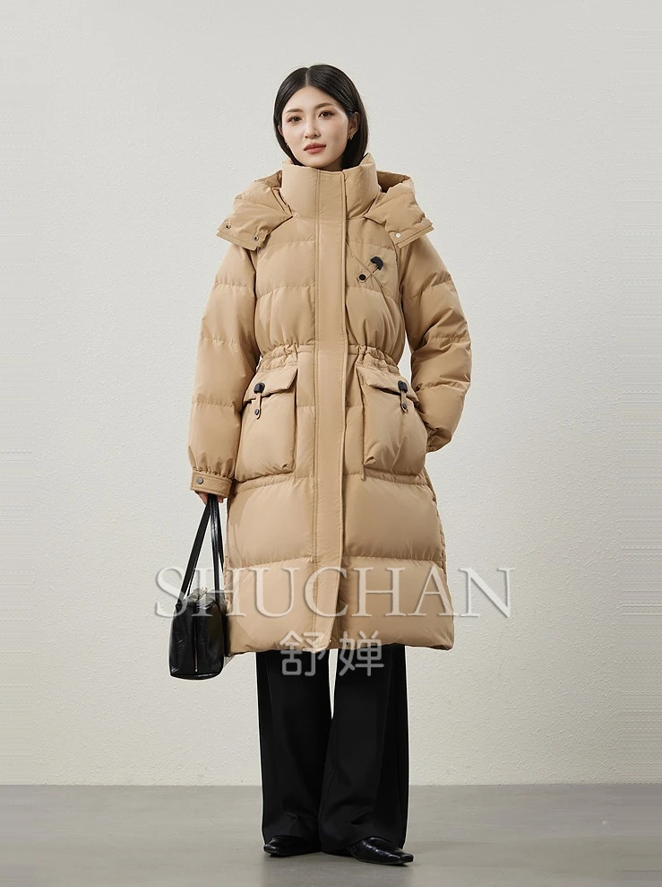 

90% White Duck Down,waist Drawstring, Stand-up Collar Hooded Long Down Jacket Women Casacas Para Mujer Invierno Coats