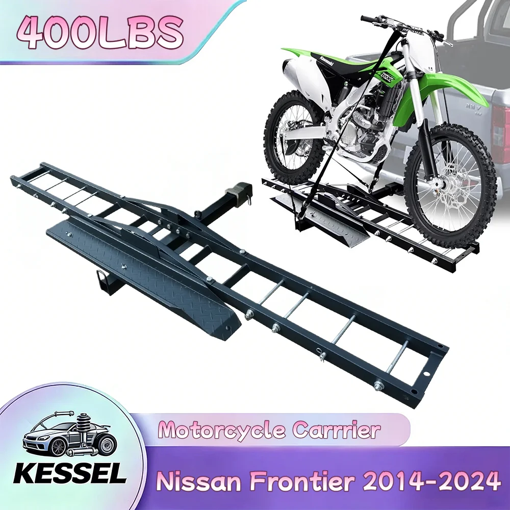 

Усиленный стальной мотоциклетный багажник для фаркопа 2 дюйма - наклоняемый и запираемый, с пандусом для загрузки, для Nissan Frontier 2014-2024