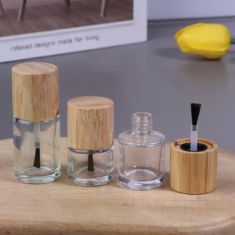 Botella cilíndrica de vidrio para aceite de uñas, cepillo para el pelo, botella de pegamento para uñas, cubierta de madera maciza y bambú, contenedor de aceite para uñas, 5ml, 10ml, 15ml