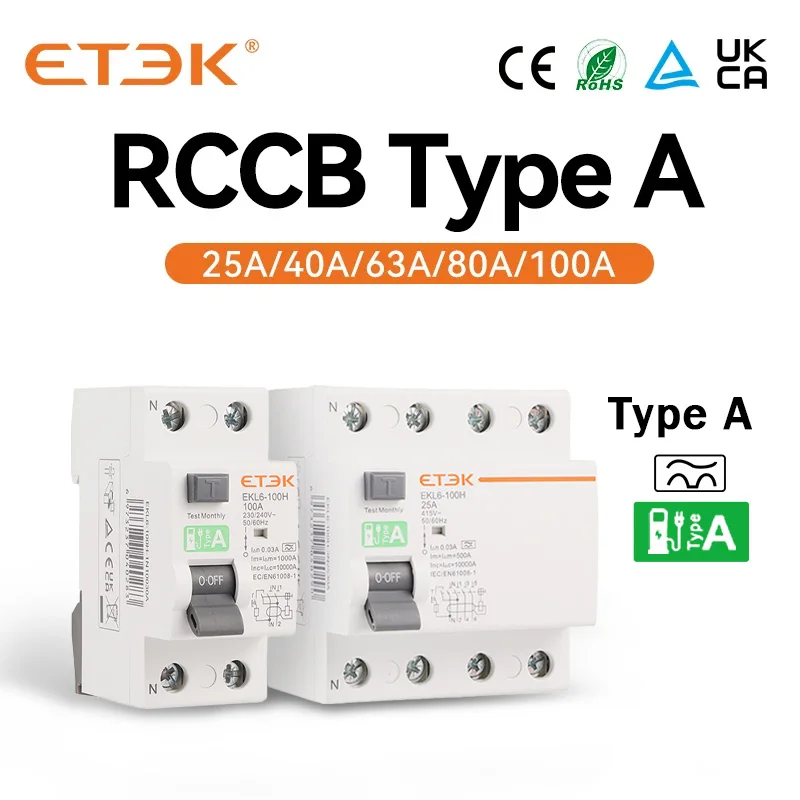 ETEK A Typ RCCB 30mA Wyłącznik różnicowoprądowy 2P(1P+N) RCD 25A 32A 40A 63A 10KA EKL6-100H