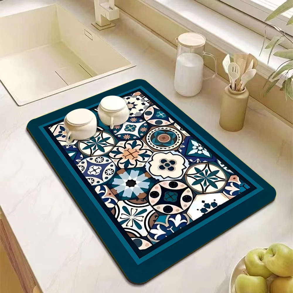 Coffee Maker Mat Retro Dish Drying Mats for Kitchen Non-slip Draining Pad Quick Dry Tableware Placemat Dinnerware Washable