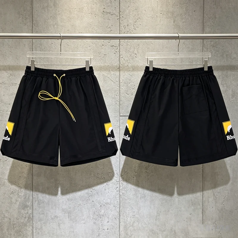 

Black Gray Gren Mesh RHUDE Sunset Print Shorts Short Pants Men Women V-shape Breathe Loose Drawstring Shortpants Beach Breeches