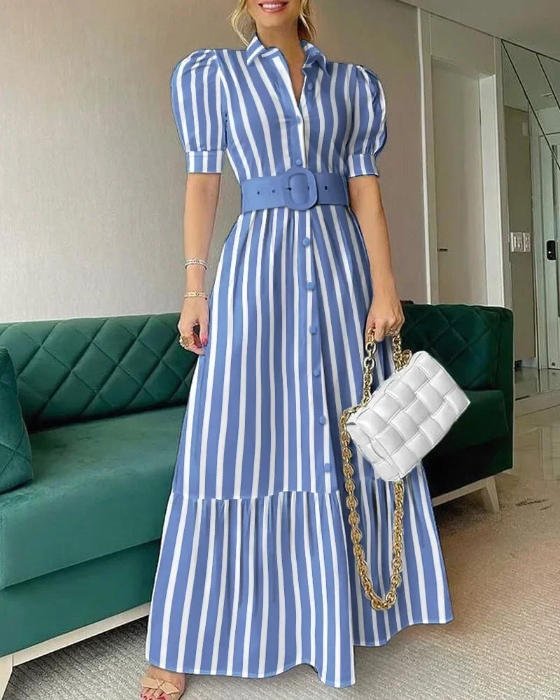 

High Waist Temperament Solid Color Mid Length Skirt Robe Slim Fit Bubble Sleeve Dress With Belt Robe 2025 Spring Womem Clothing