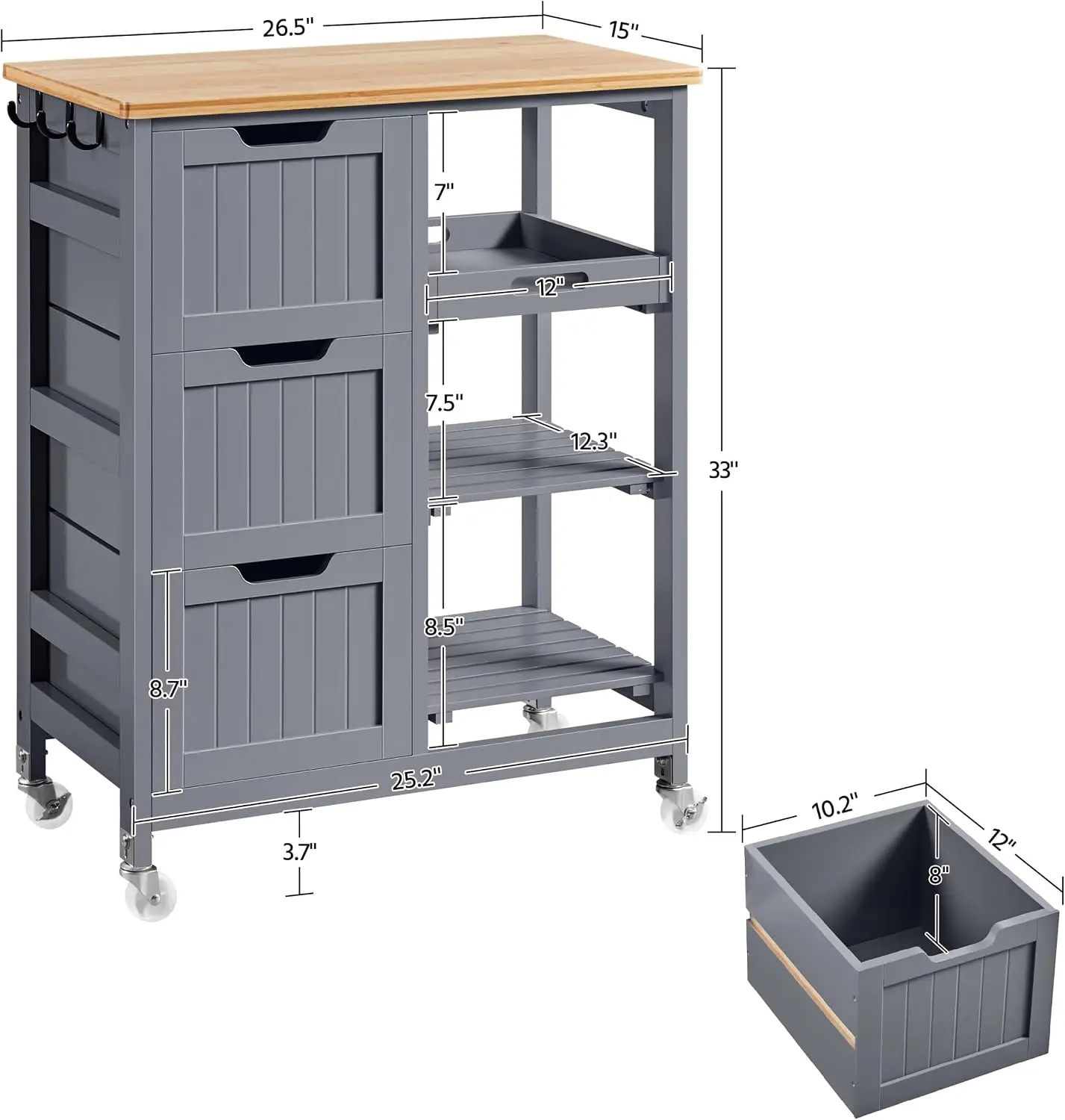 Rolling Kitchen Island Cart Wooden Storage Trolley Cart With Three Drawers Three Shelves Heavy Duty Lockable Caster Wheels For Kitchen Dining Living Room Dark Gray