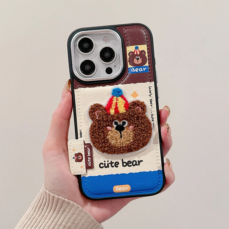 Cute Cartoon Embroidery Bear Dog Leather Case For iPhone 13 14 15 16 17 Pro Max Lovely Soft Silicone Phone Cover