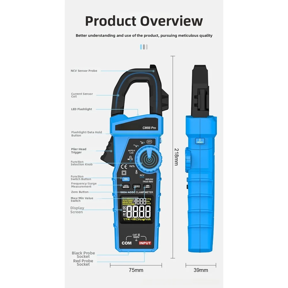 Large Jaw Current Meter Clampmeter Blue-Black Digital Clamp Meter 1000A Current Measurement LCD Digital Display