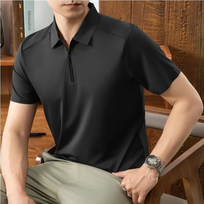 Luxuriöses Herren-Poloshirt mit halbem Reißverschluss kurzärmelig einfarbig hochwertige Eisseide atmungsaktiv Sommer neu lässig modisch T-Shirt – Detail 18